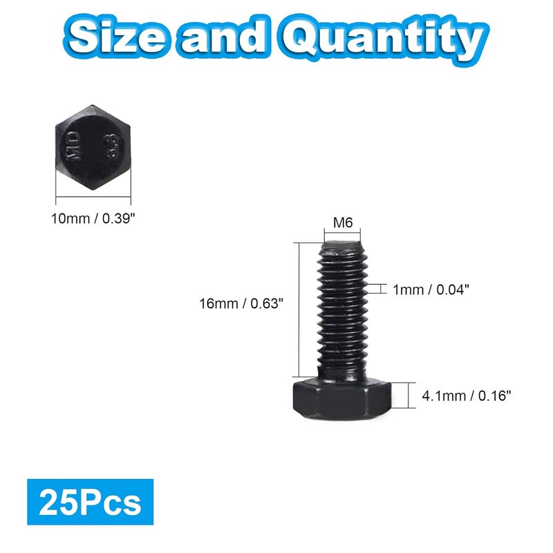 Yinpecly M6 Hex Bolts, M6-1.0 x 16mm Hex Head Bolts, Carbon Steel Grade 8.8, Black Oxide Finish, Full Thread,Metric Hexagon Head Bolts Right Hand External Hex Drive, 25 PCS - Image 2